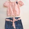 Blusa rosa, short azul/cuadros, para niña